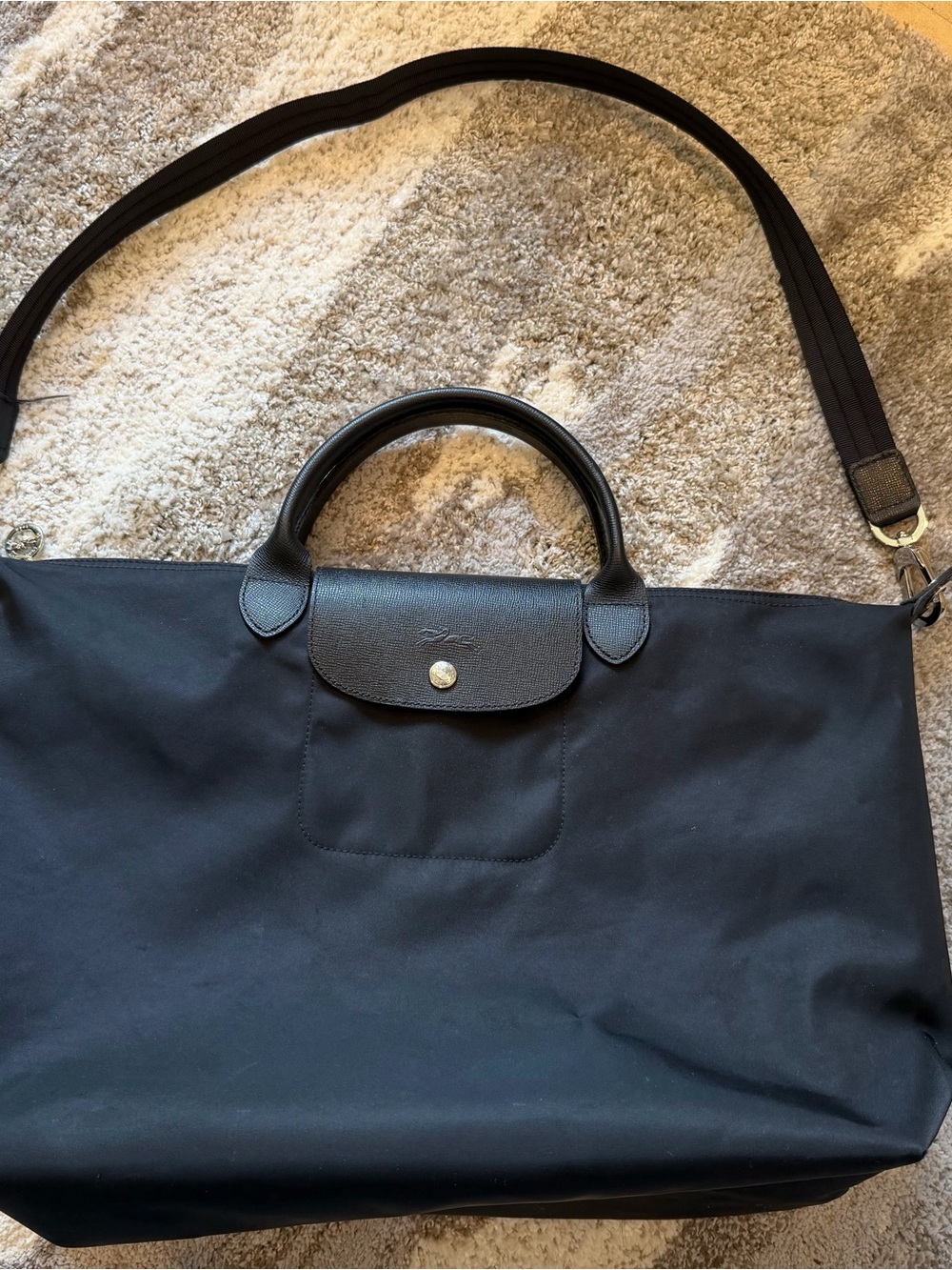 Longchamp Black Nylon Tote with Leather Trim